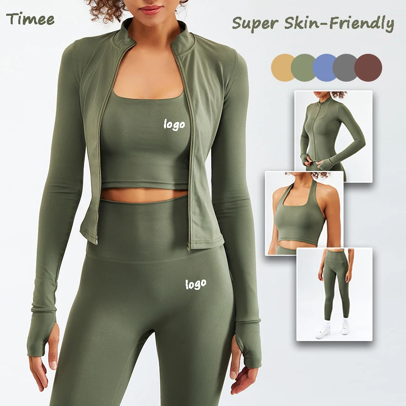 

winter women zip jacket leggings 3-pieces set nylon spandex lulu fabric sports bra yoga wear