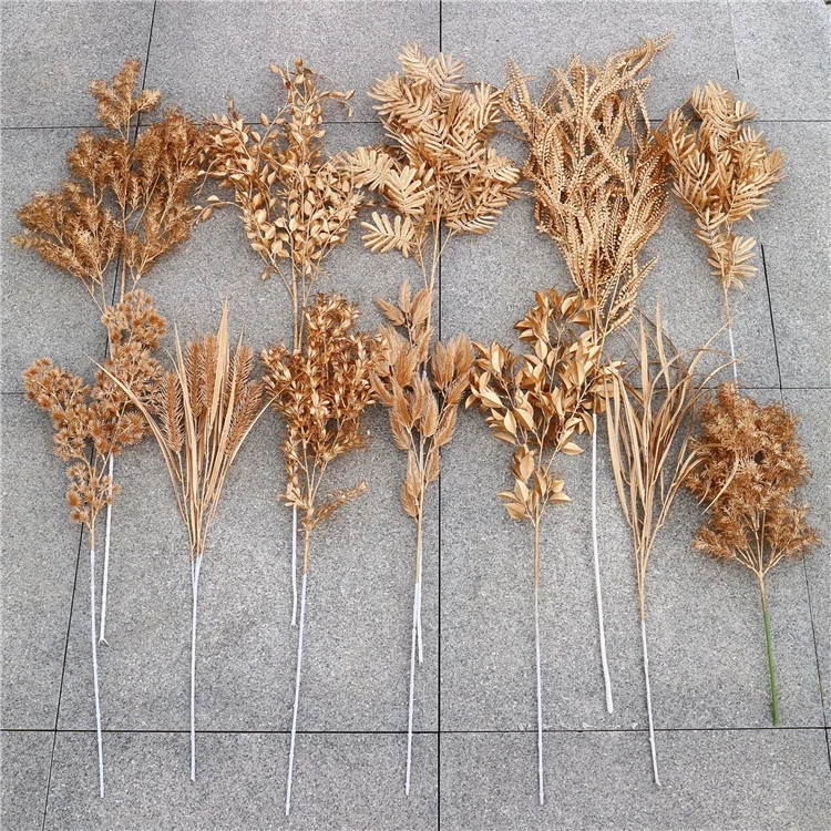 

E-3104 Wedding decoration Artificial Grass Plastic Eucalyptus Palm Golden Leaf