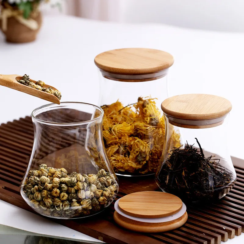 
High Quality Handmade Storage Canisters Glass Storage Jar With Bamboo Lid For Kitchen 