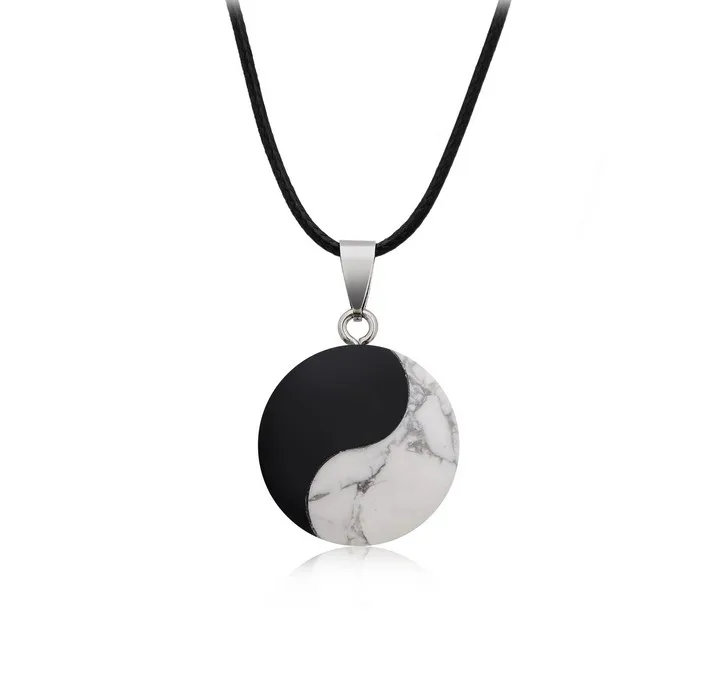 

Natural Healing Energy Tai Chi Yin&Yang Black Onyx With White Howlite Stone Pendant Necklace Jewelry