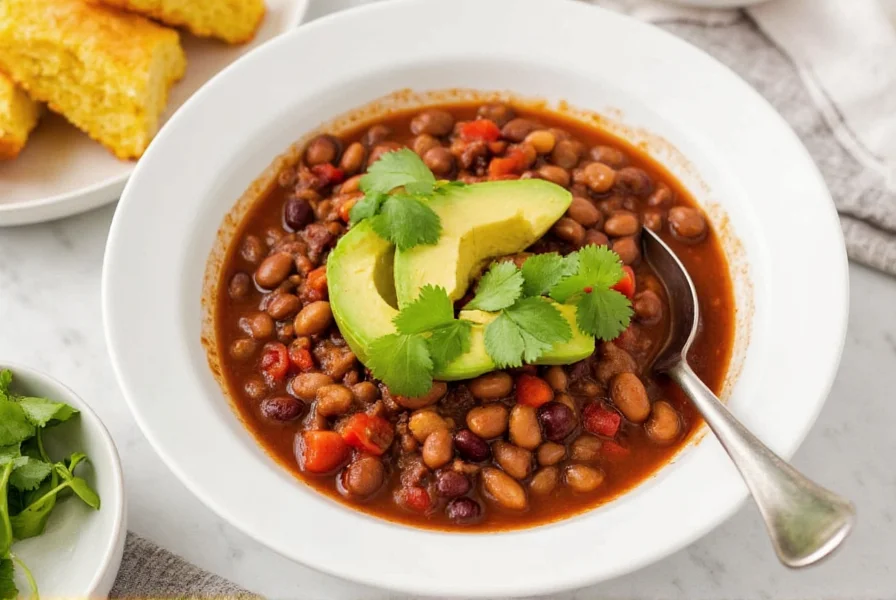 Finished navy bean chili recipe served in white bowl with avocado slices, cilantro garnish, and cornbread on side
