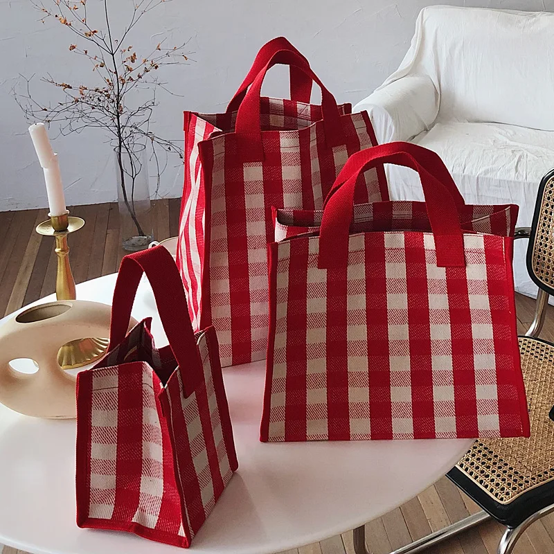 

Classic Plaid Women Tote Bag Large Capacity Canvas Top-handle Handbag Mommy Waterproof Travel Totes Eco-friendly Shopping Bags, Red, blue