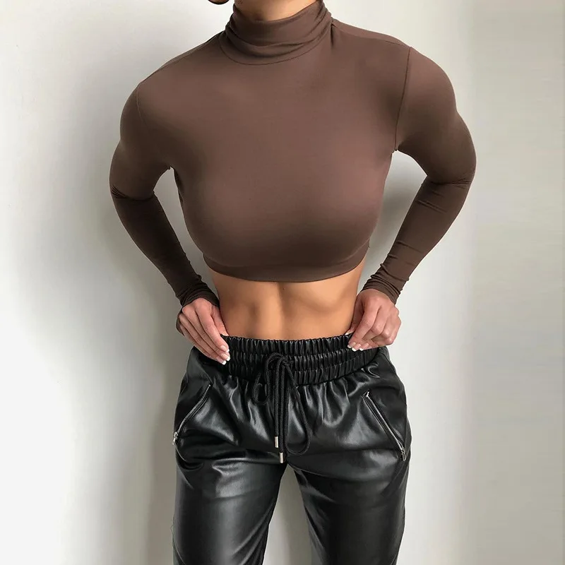 

New Style Long Sleeve High Neck Solid Color Short Cropped Sexy Slim Skinny Fashion T Shirt Womens Clothes 2021 New Arrivals