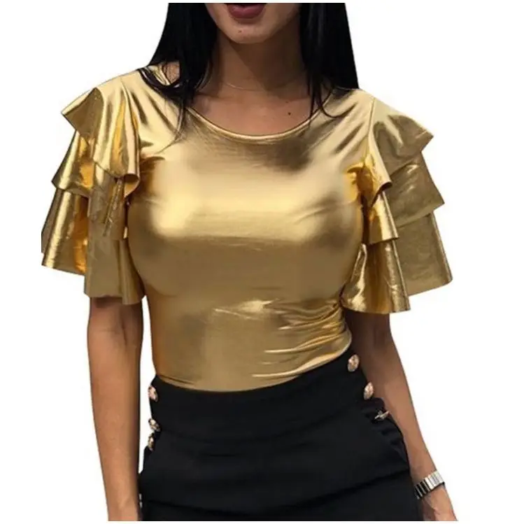 

2019 MOQ 1 Piece Gold Metallic Party Top With Ruffle Sleeves Casual Clothes