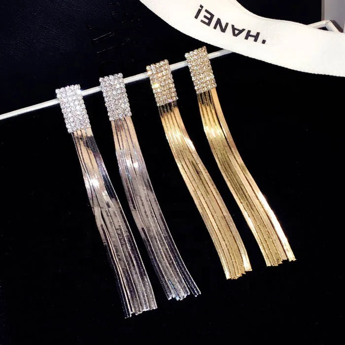

New fashion personality metal chain tassel long earrings square rhinestone jewelry wholesale gifts