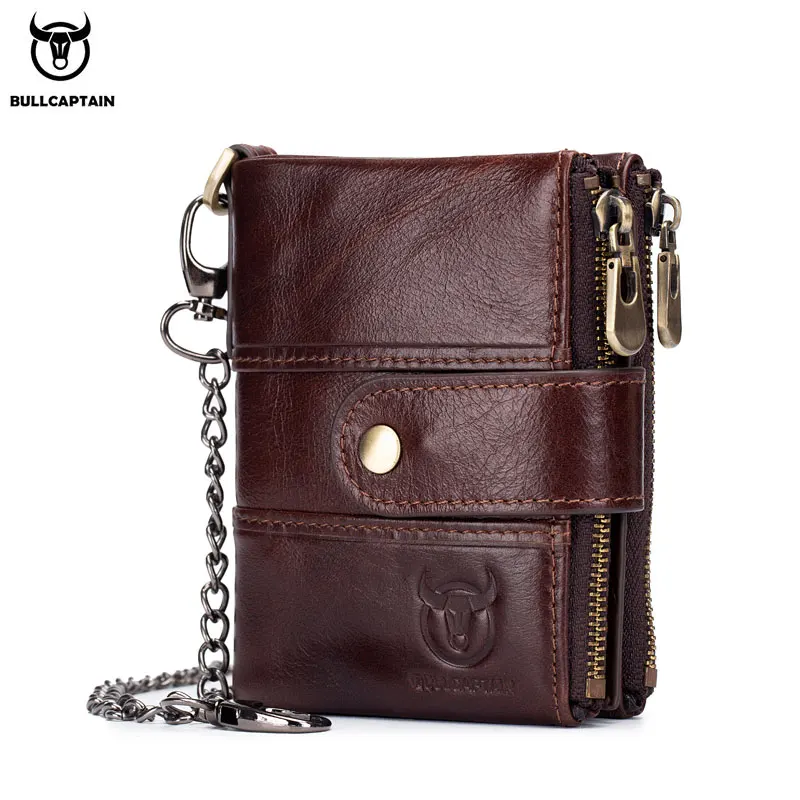 

BULLCAPTAIN leather RFID wallet men's slim wallet retro chain coin purse