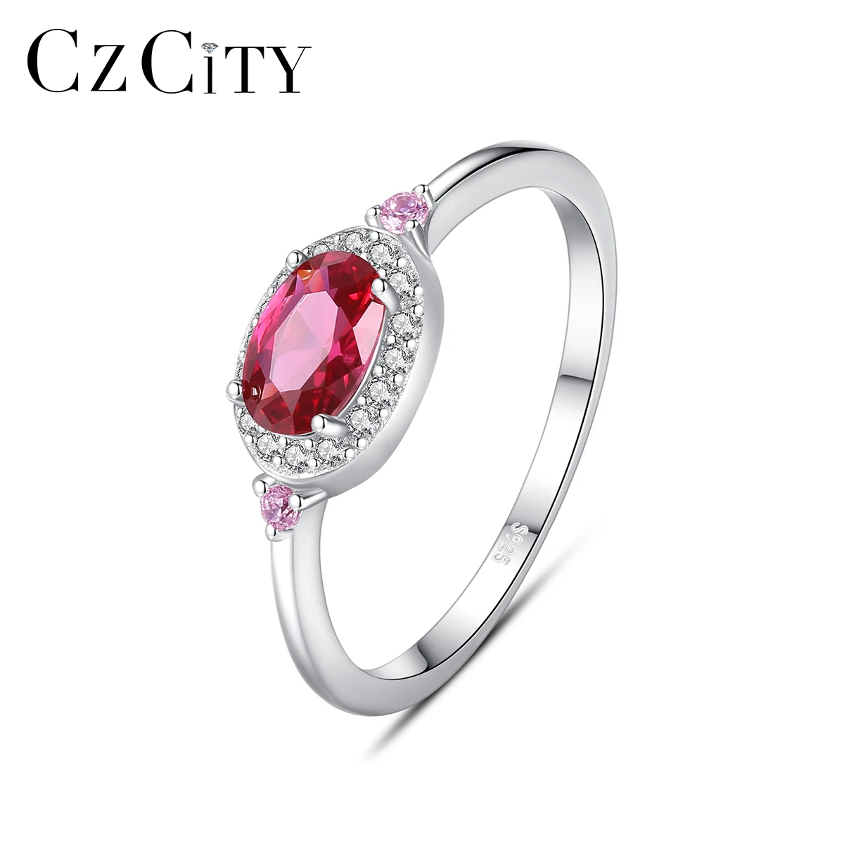

CZCITY Wedding Rings Silver S925 Cute Dove Egg Shape Pink Color Ladies Gemstone Ring Wholesale