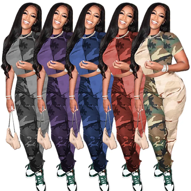 

Fashion Ladies Outfits Short Sleeve Crop Tops Camouflage Patchwork Spring Women Two Piece Pants Set, Picture