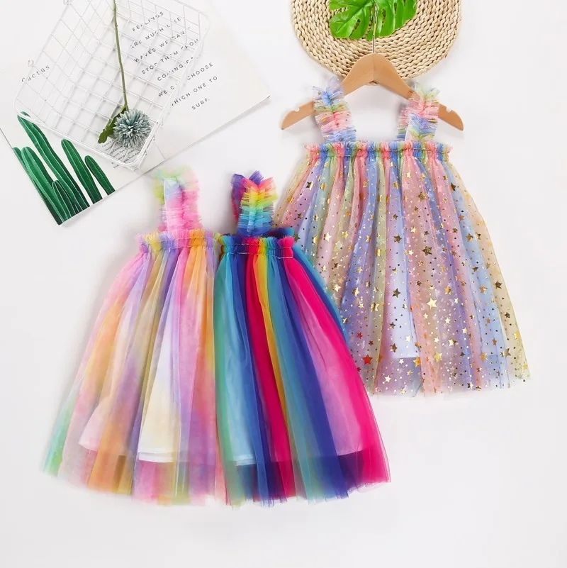 

Little Girl Rainbow Dress Novelty Wedding Party Prom Baby Clothes Children's Mesh Lace Sling Vest Princess Dress