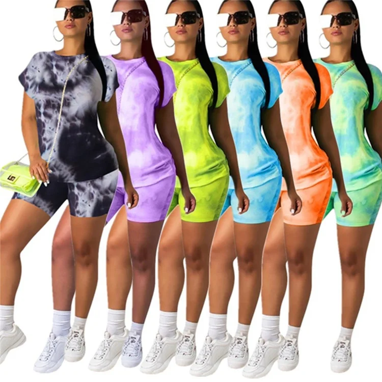 

2021 popular women clothing ladies two piece set outfit tye dye sets 2 piece short set