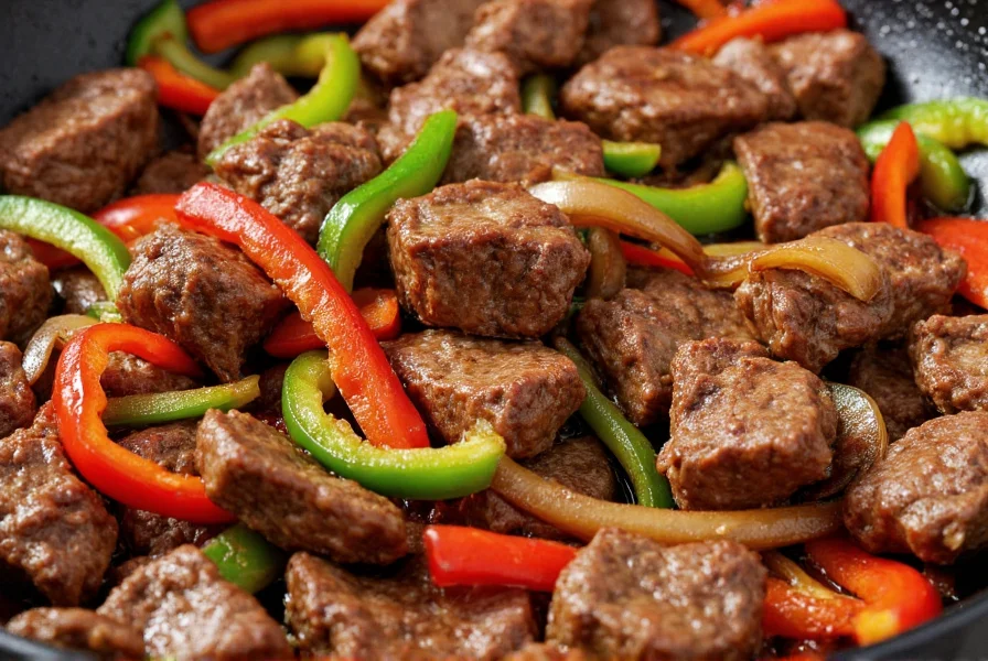 Close-up of sizzling flank steak strips in a wok with vibrant red and green bell peppers and onions