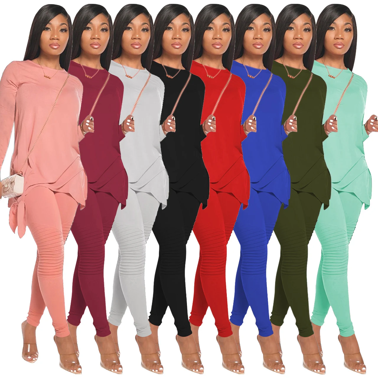 

Women Solid Color Crew Neck Side Bow-knot Long Sleeve Top Ruched Pants Trousers Casual Two-piece Pants Sets