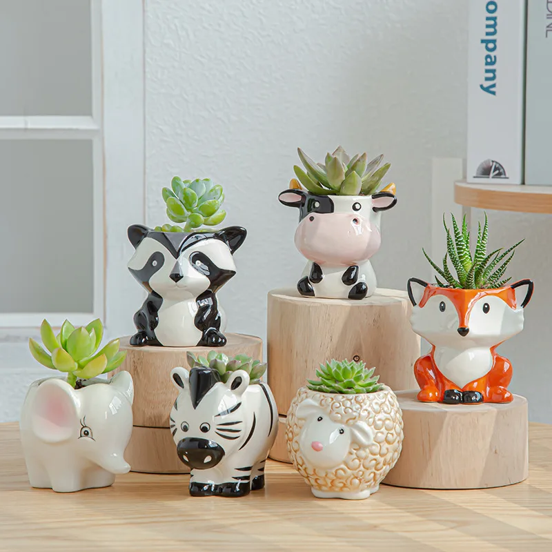 

RTS LOW MOQ Amazon hot sale Ceramic animal flower pots ceramic Fox Panda Goat Zebra Cow Elephant shape bonsai pot planter, Customized color