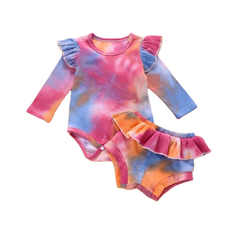 

Baby Girls Ribbed Cotton Tie-dyed Romper Clothes 2pcs sets Summer Sets baby frill romper