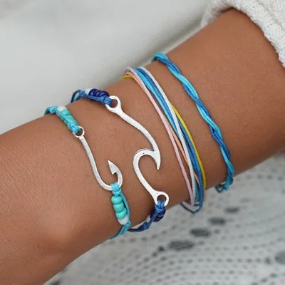 

Wholesale Trendy Braided Rope Bracelet Fashion Multilayer Wave Fish Hook Color Bead Wax Thread Bracelet for Women, Colorful