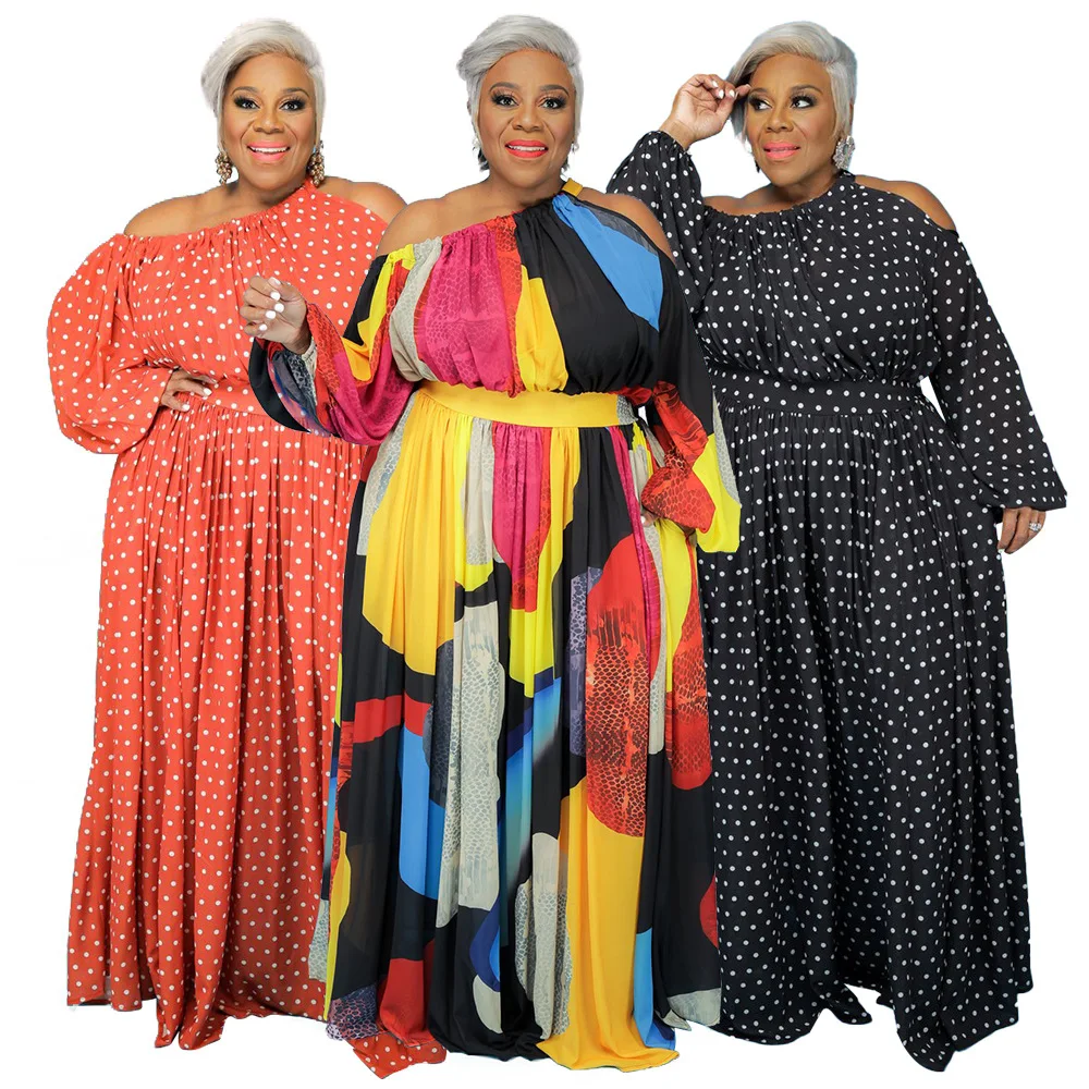 

OR- N7335 Hot selling women printing one shoulder sexy high waist plus size long sleeve dresses, Red, black, multicolor