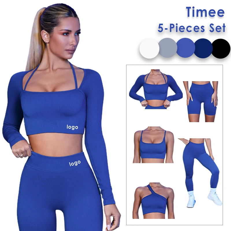 

new design sports bra leggings gym Fitness 5-pieces set blue color seamless activewear set