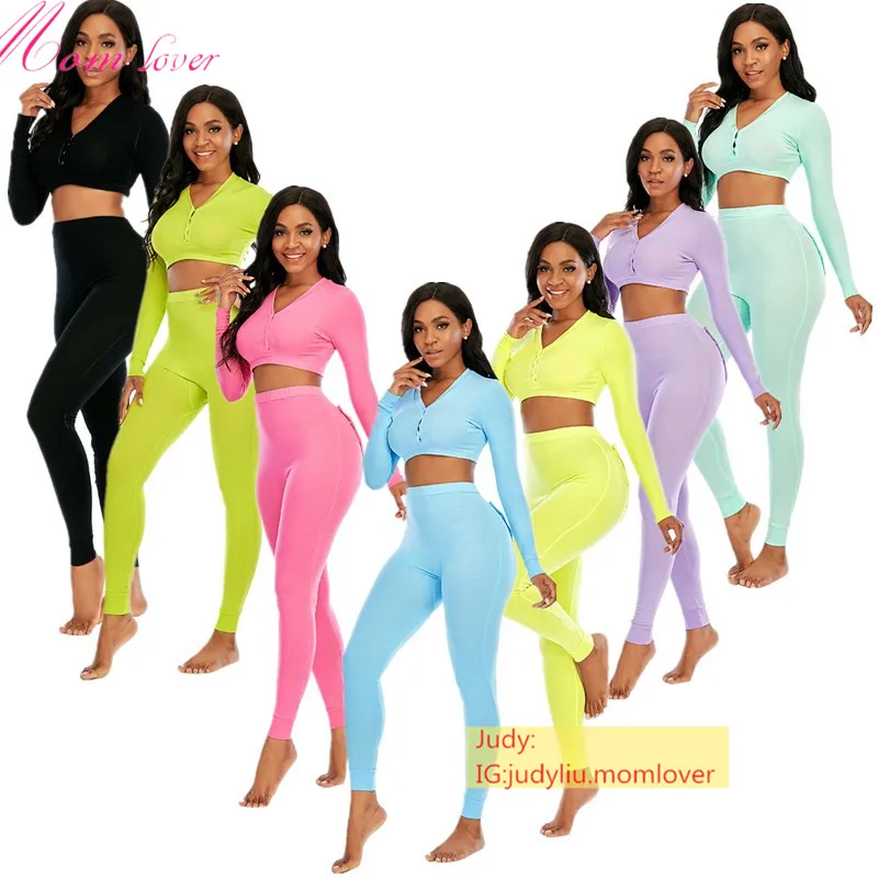 

Lucky label jumpsuit cotton solid color two piece pants set pajamas for women Crop Top and leggings with butt flap
