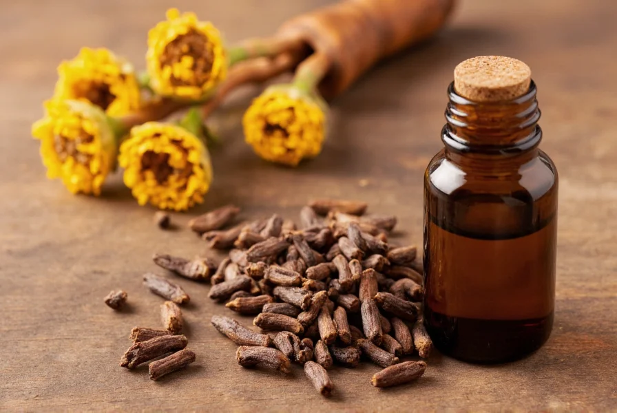 Close-up of clove oil bottle with cloves and eugenol molecular structure