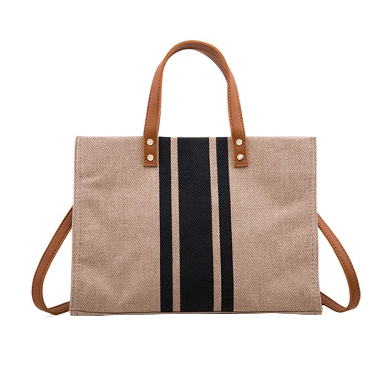 

Amazon Ebay Handle Cotton Canvas Tote Bag Hot Sale Leather Striped Custom (30cm<max Length<50cm), Beige or customized color