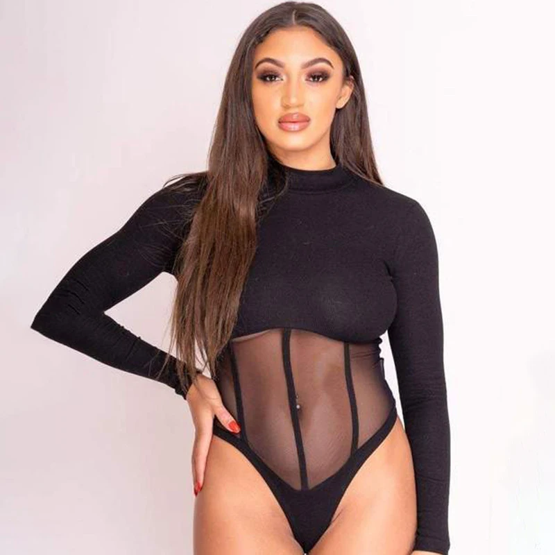 

2021 Trendy Apparel Custom See Through Bodysuit Gauze Womens Fashion Long Sleeve Bodysuits, Black