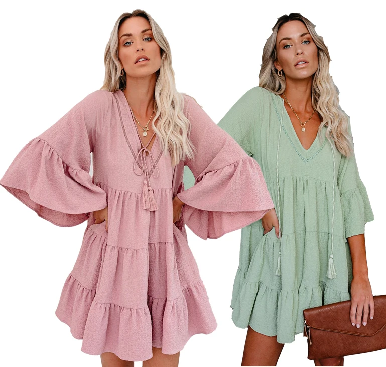 

2022 v neck women fringe dresses boho clothing casual summer ladies women elegant summer casual tassel dresses 2021 2022, Any color