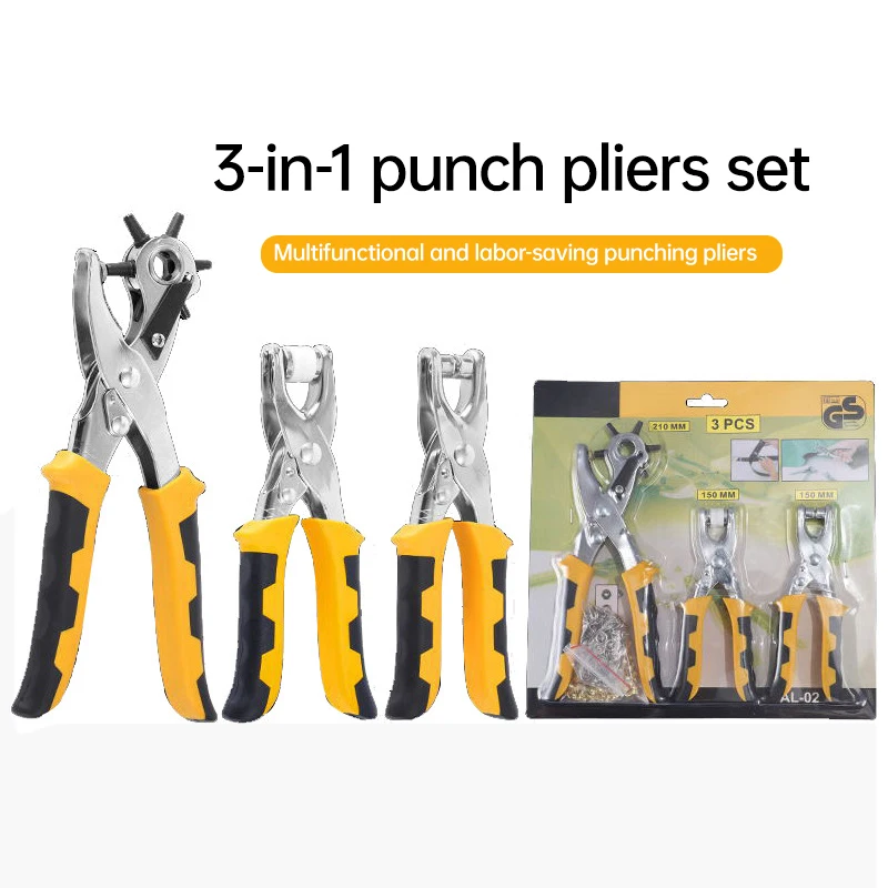 3-Piece Household Belt Hole Puncher Kit Five-Claw Pliers and Eyelet Pliers for Waist Belts and Watch Straps