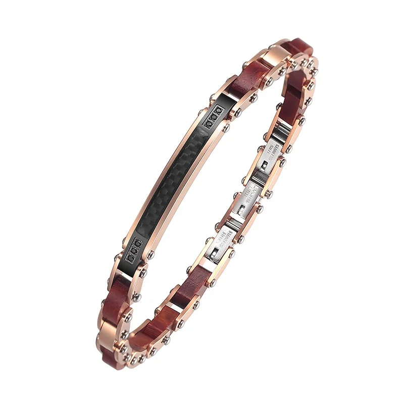 

italian new arrival stainless steel wooden bracelet men's Jewelry with IP rose gold, Brown/black/rose gold