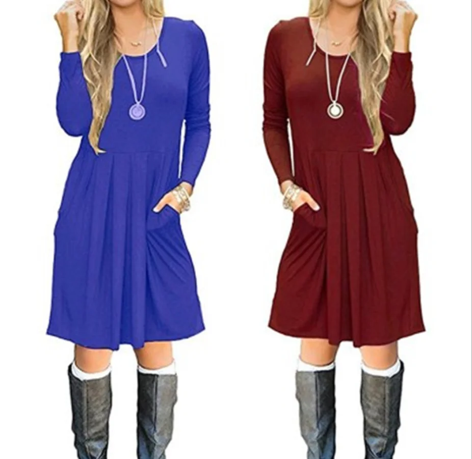 

Women's Vintage Casual Crew Neck Solid Pocket Dress