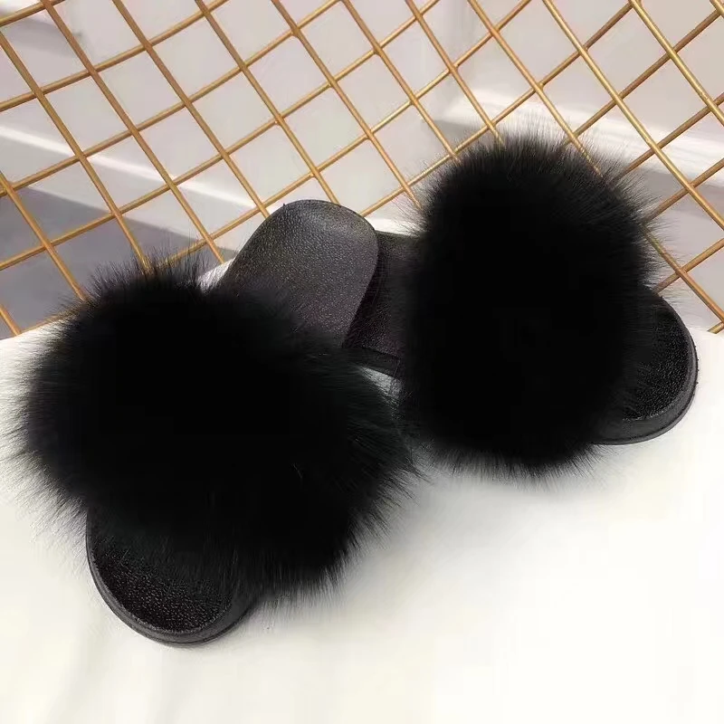 black fur slippers