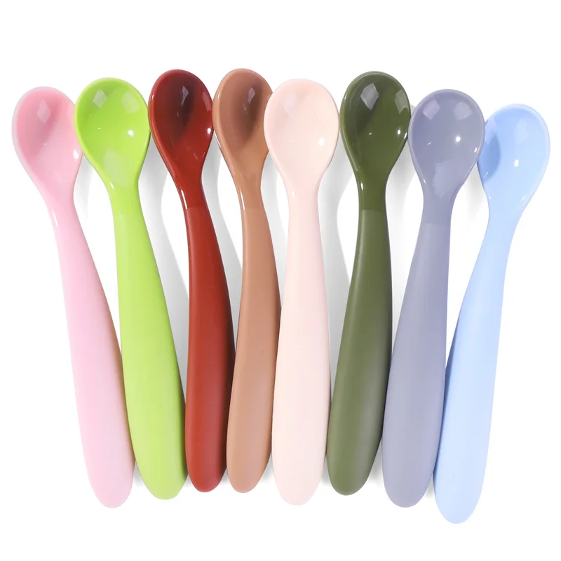 

High Quality LFGB Approved Kitchen Spoon Fork Set Custom Wooden Bamboo Food Grade Silicone Baby Spoon, Quarlz pink,pastel blue