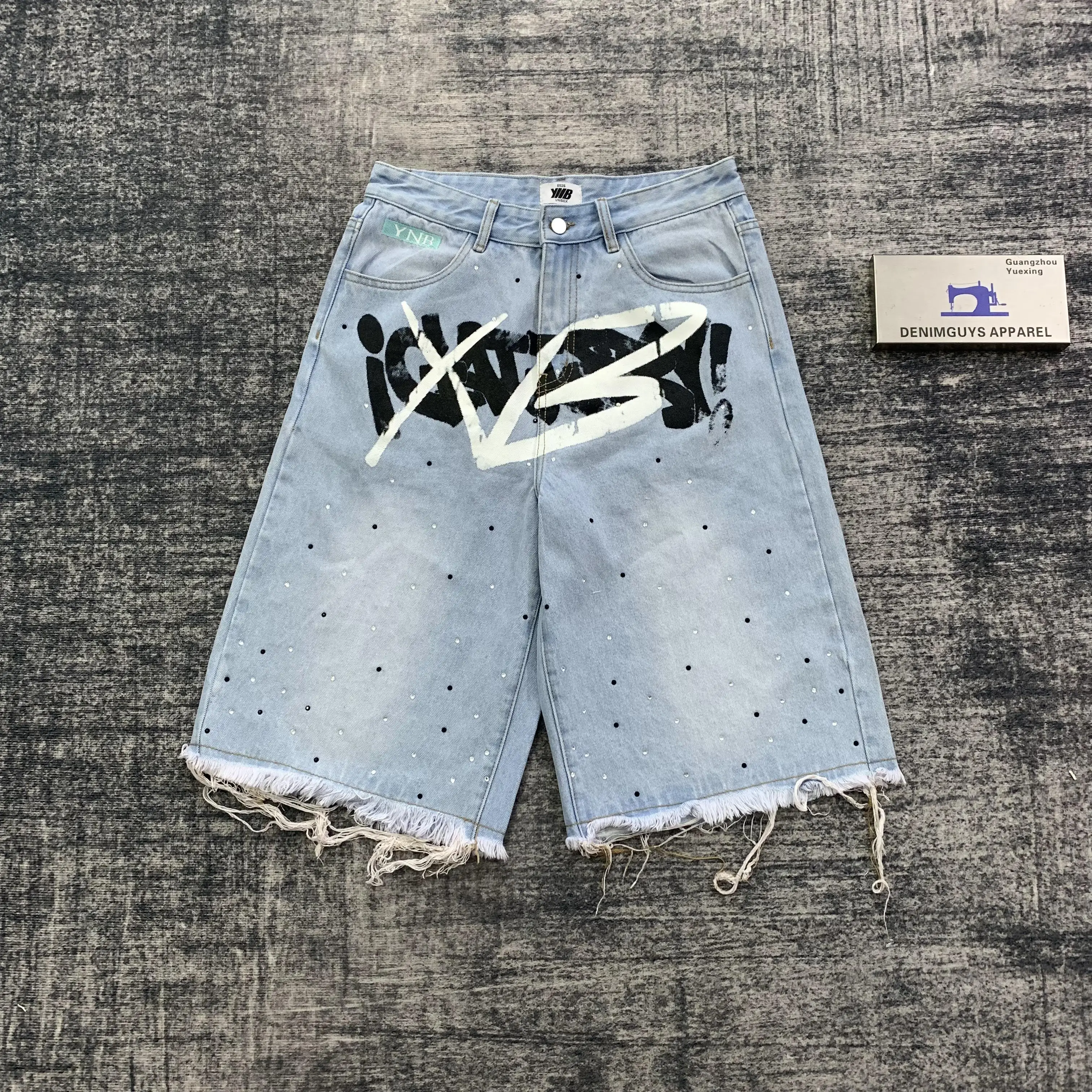 DENIMGUYS Custom Summer Men's Streetwear Screen Print Jorts Denim Shorts Vintage Wash Rhinestones Raw Hem Jorts for Men