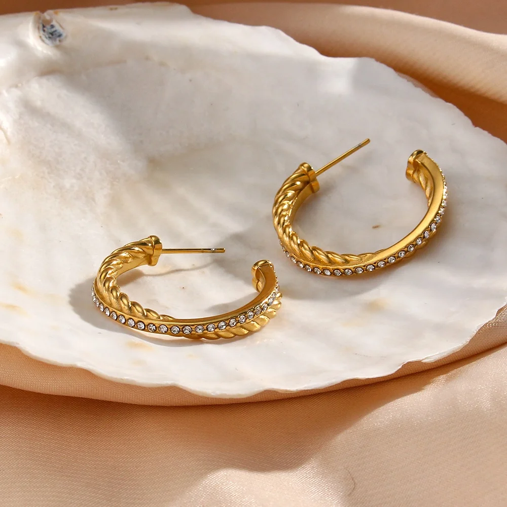 

Tarnish Free Zircon Paved Twisted Earring Gold Plated Stainless Steel Hoop Earring PVD Jewelry