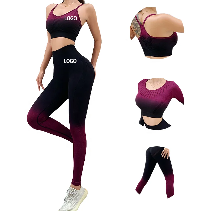 

Dip dye seamless ombre 3 peice workout clothing long sleeve yoga set fitness women, Customized colors