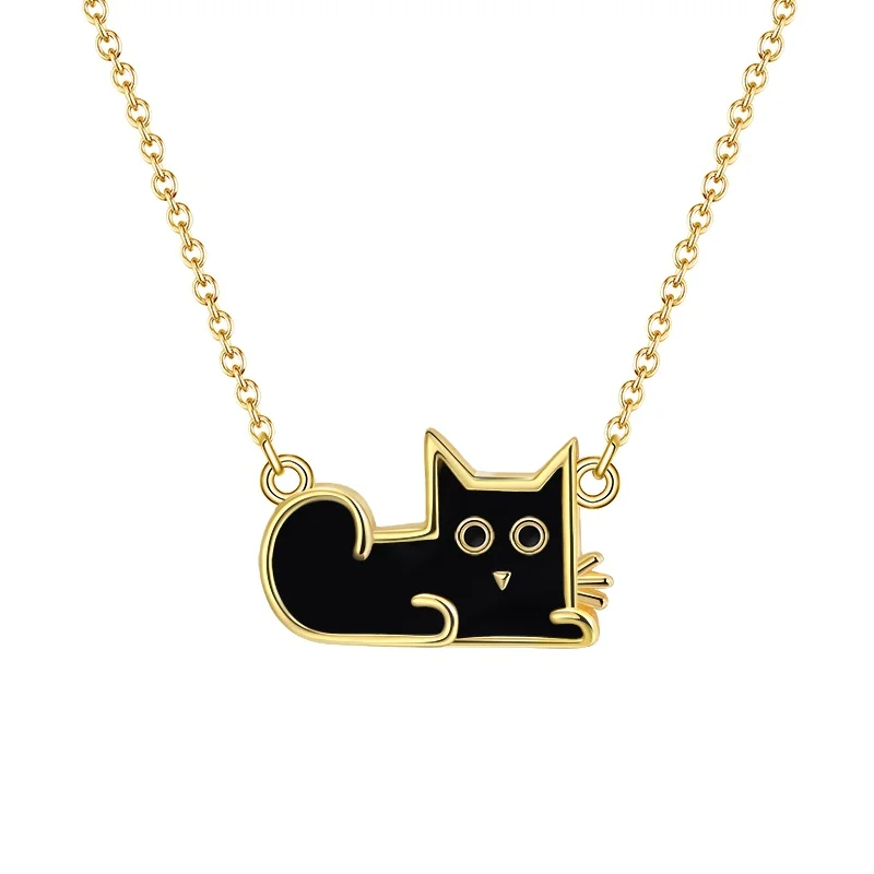 

RINNTIN EQN04 2021 Designer Jewelry Cute Black Cat Shape Necklace 14K Gold Plated 925 Sterling Silver Necklace For Women