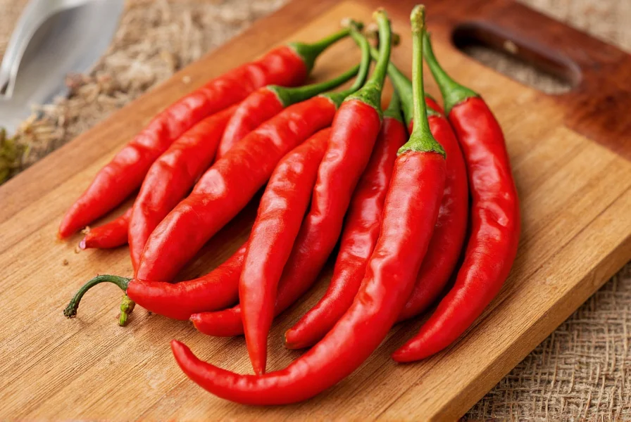 Various Chinese chili peppers including facing heaven chili, er jing tiao, and xiao mi ya arranged on bamboo cutting board