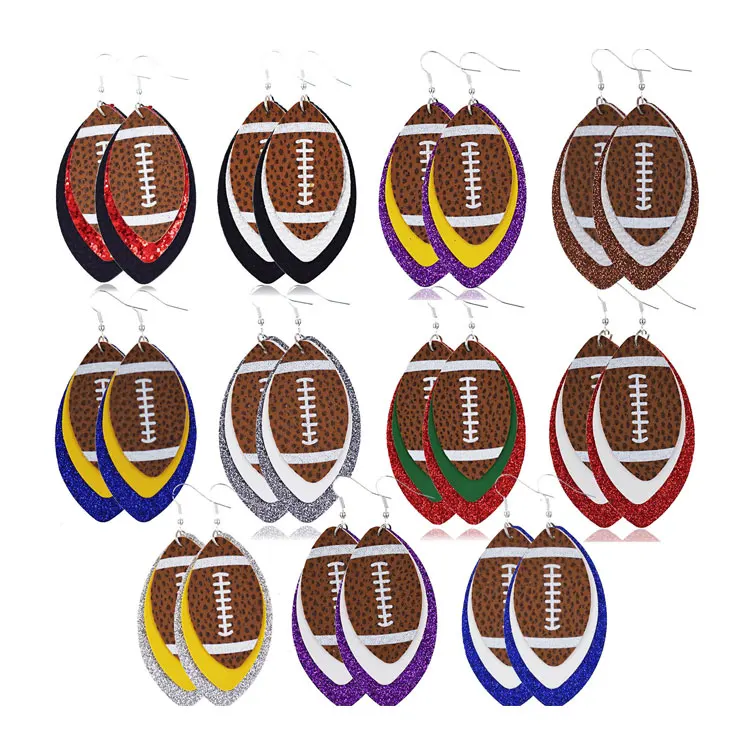 

SC 2024 Hot Selling Colorful Layered Football Dangle Earrings Vintage Popular Glitter PU Leather Football Earrings Women Girls
