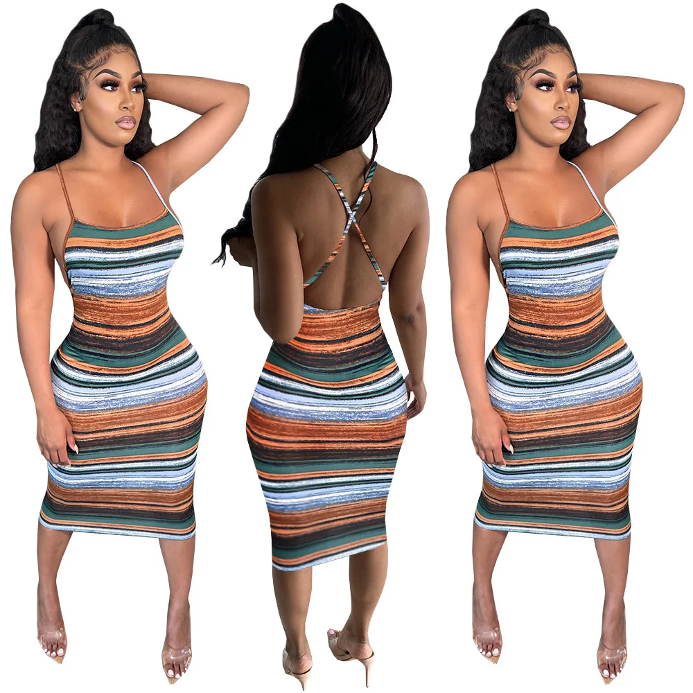 

G7035 Wholesale Stripe Dress Sleeveless Summer Women Halter Dress