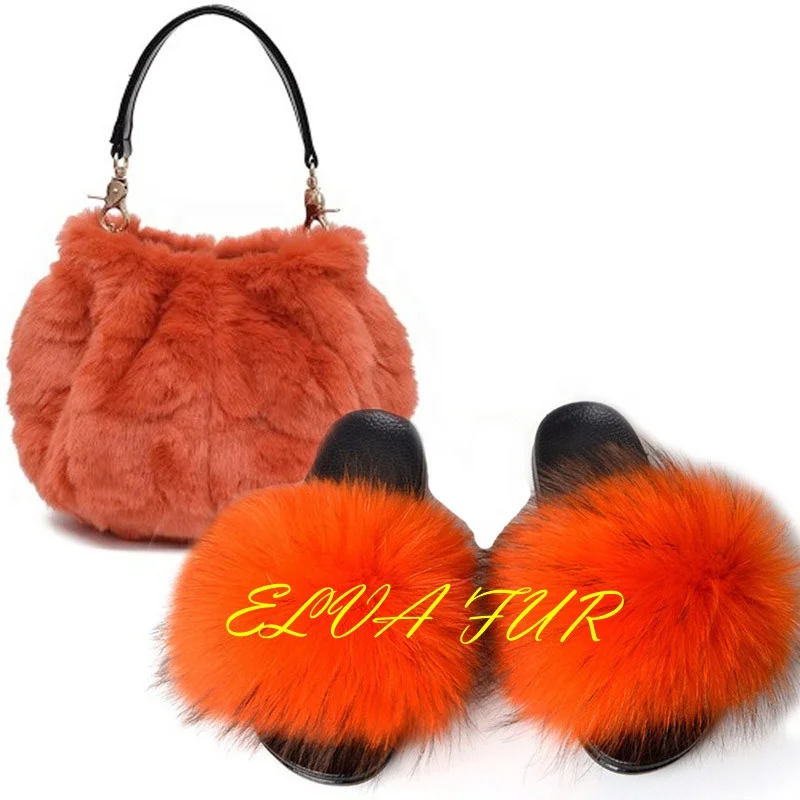 

2020 ELVA FUR Factory wholesale fur slides with purse set, Colours