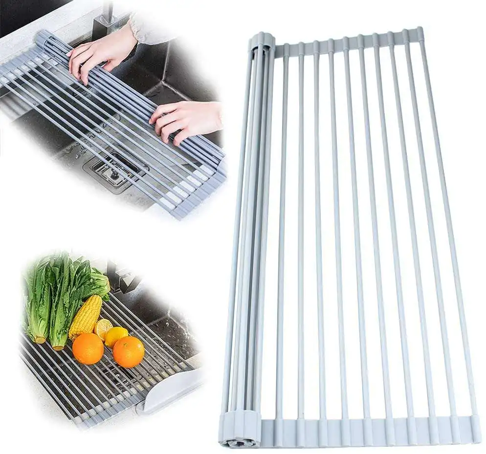 

Kitchen Accessories Over The Sink Dish Drying Rack Roll Up Silicone Folding Draining Rack, Black/gray