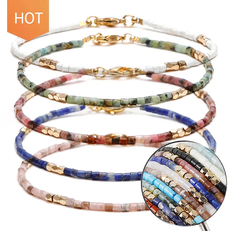 

Bijoux Hand Made Colorful Bohemian Women Tiny Adjustable Natural Stone Gemstone Jewelry Handmade Tube Stone Beads Bracelet