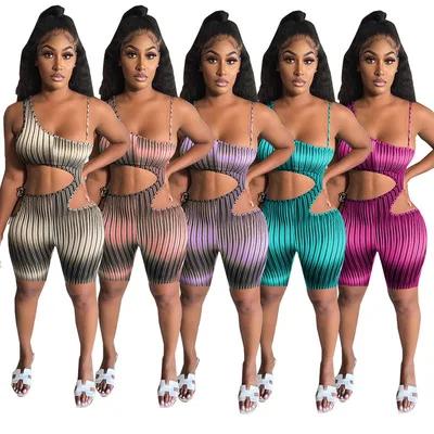

2021 Summer New Fashion Sexy Women Irregular Print Stripe Bodysuits Hollow Out Bandage Jumpsuit