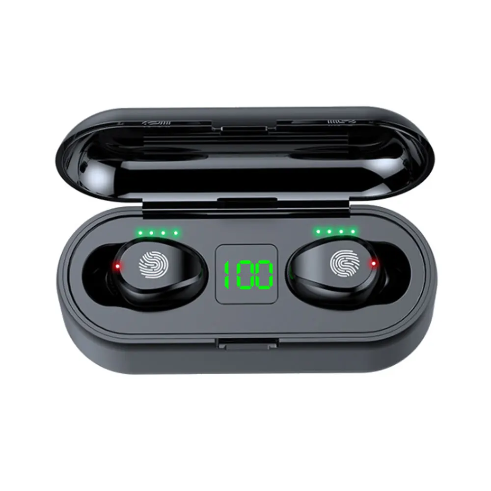 

Hot selling noise cancelling sport audifono BT wireless earbuds with power bank battery display auriculares F9, Black