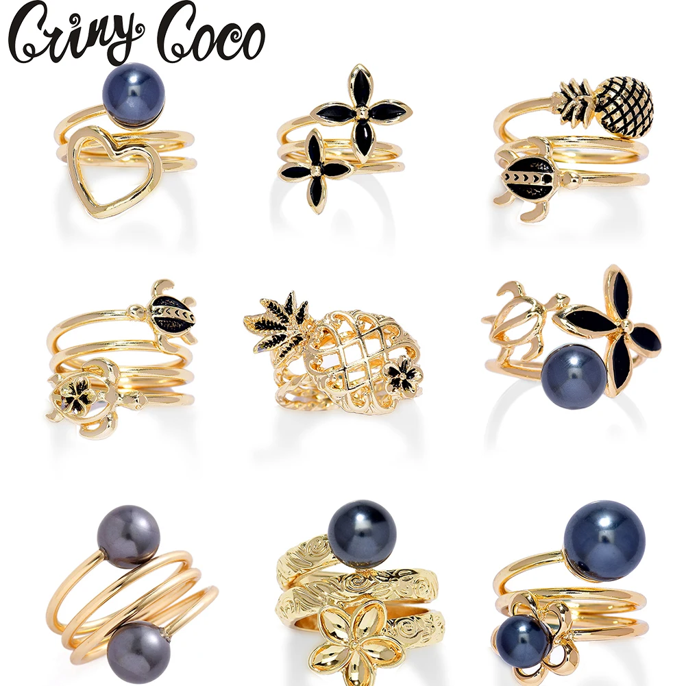 

Cring CoCo Colorful Fashion Crystal Gold Plated Tortoise Pearl Adjustable Drum Enamel Large Jewelry Flower Hawaiian Rings, Gold color