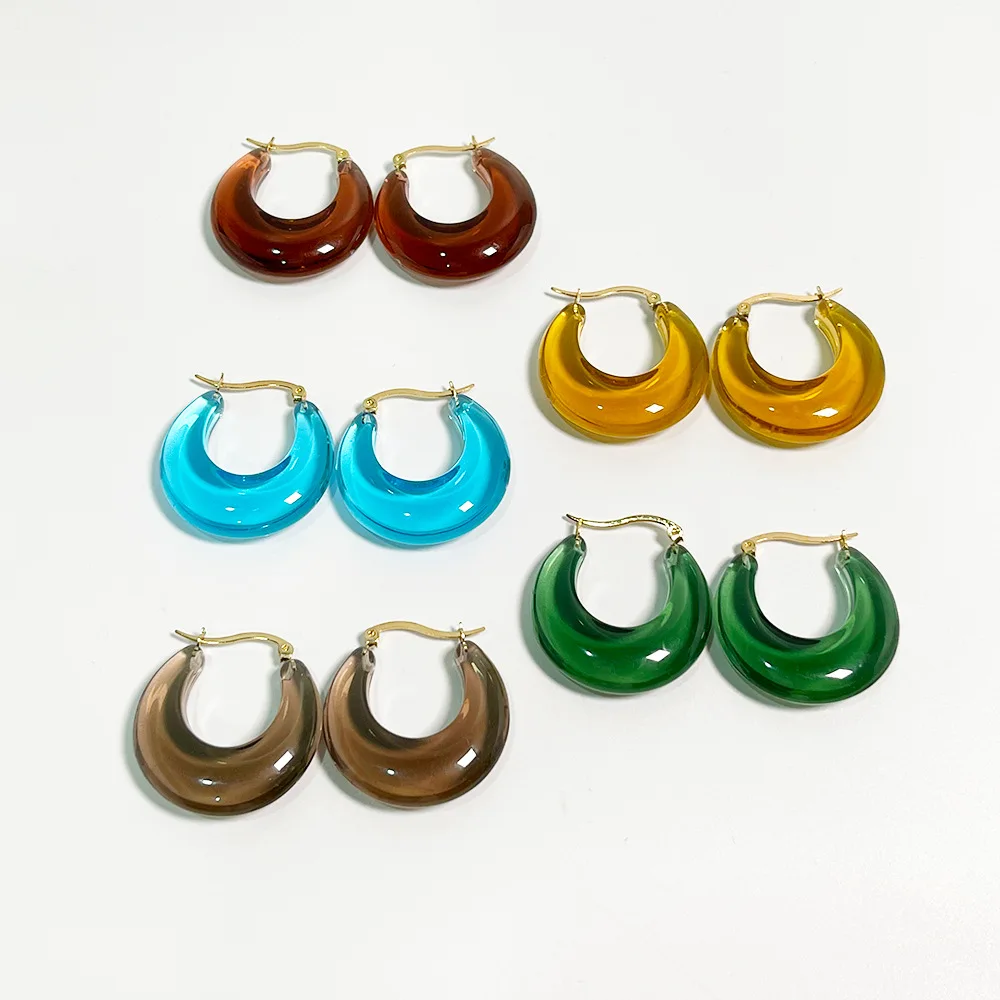 

2021 Fashion Jewelry Wholesale 14K Gold Plated Resin Jade Green Acrylic Hoop Earrings Lock aretes pendientes de aro resina mujer