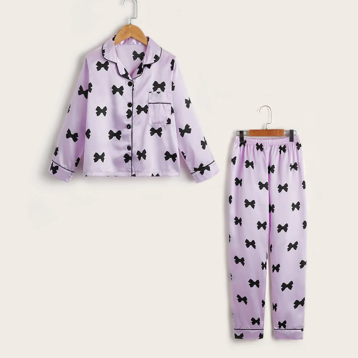 

High Quality Fashion Custom Purple Girls Children long Sleeve Soft Satin 2 Piece Pajama Set, Picture shows