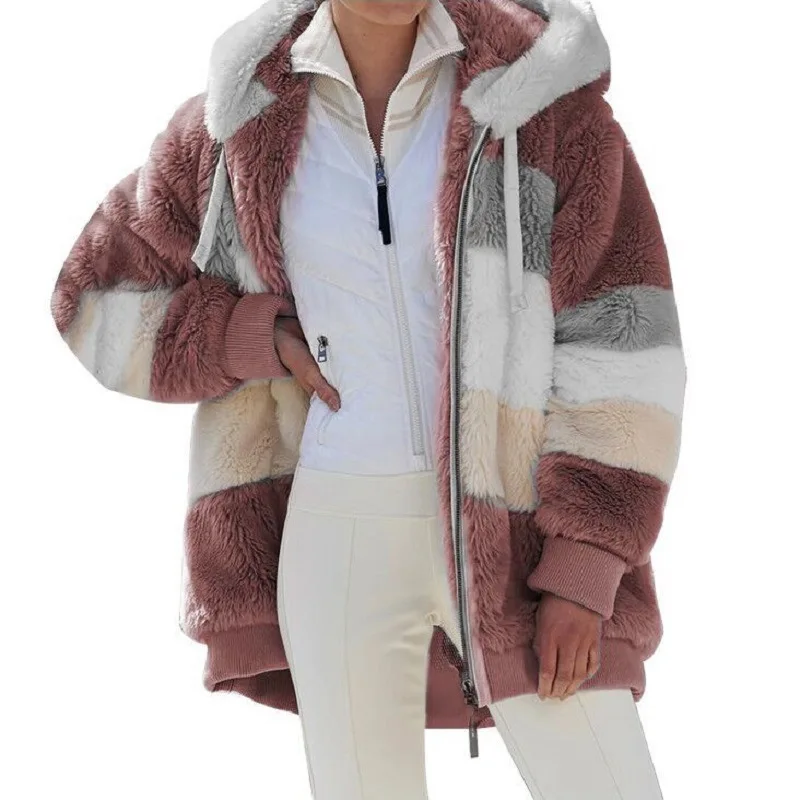 

2021 Amazon Hotsale Autumn Winter New Fashion Women's Striped Fur Coat with Hood Ladies Loose Plus Size Hooded Jacket Coat, 9 colors