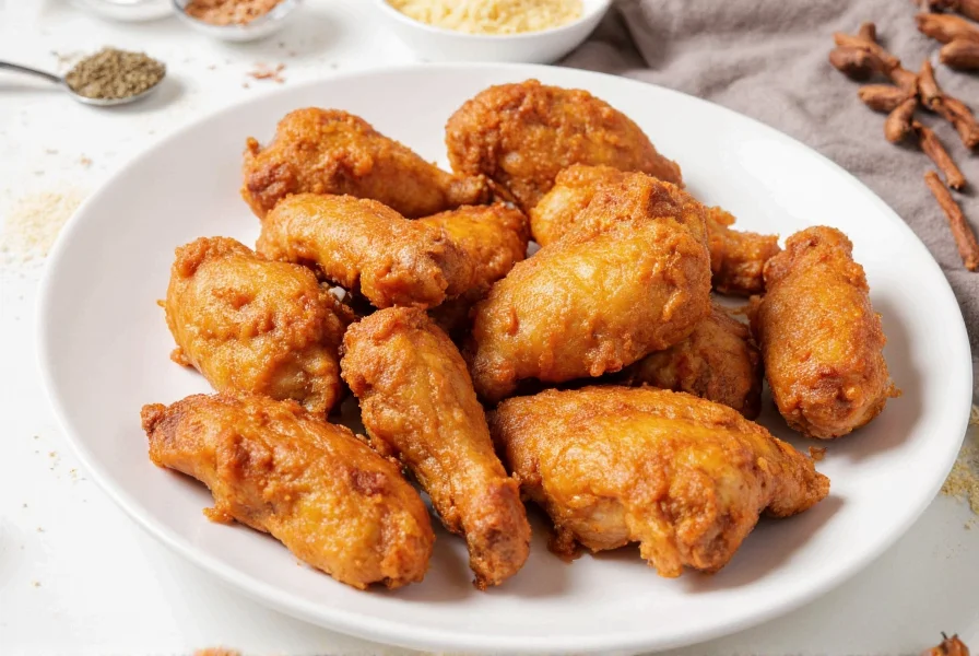 Crispy marinated chicken pieces ready for frying on a white plate with cornstarch and spices nearby