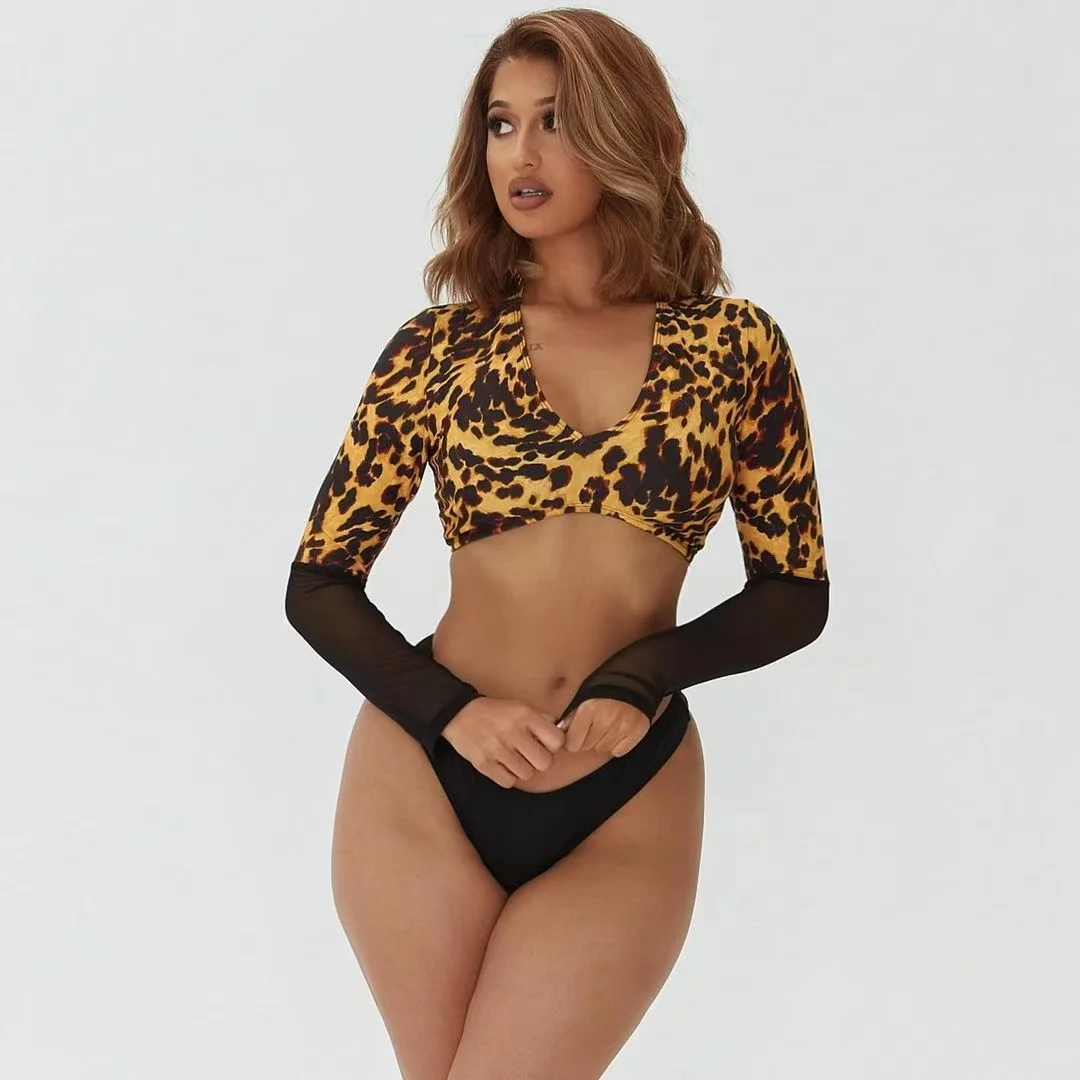 

Sexy Leopard Long Sleeve Swimsuit for Women Two Piece Swimwear 2021 Summer Leopard Rashguard with Mesh Insert Jamaican Swim Suit