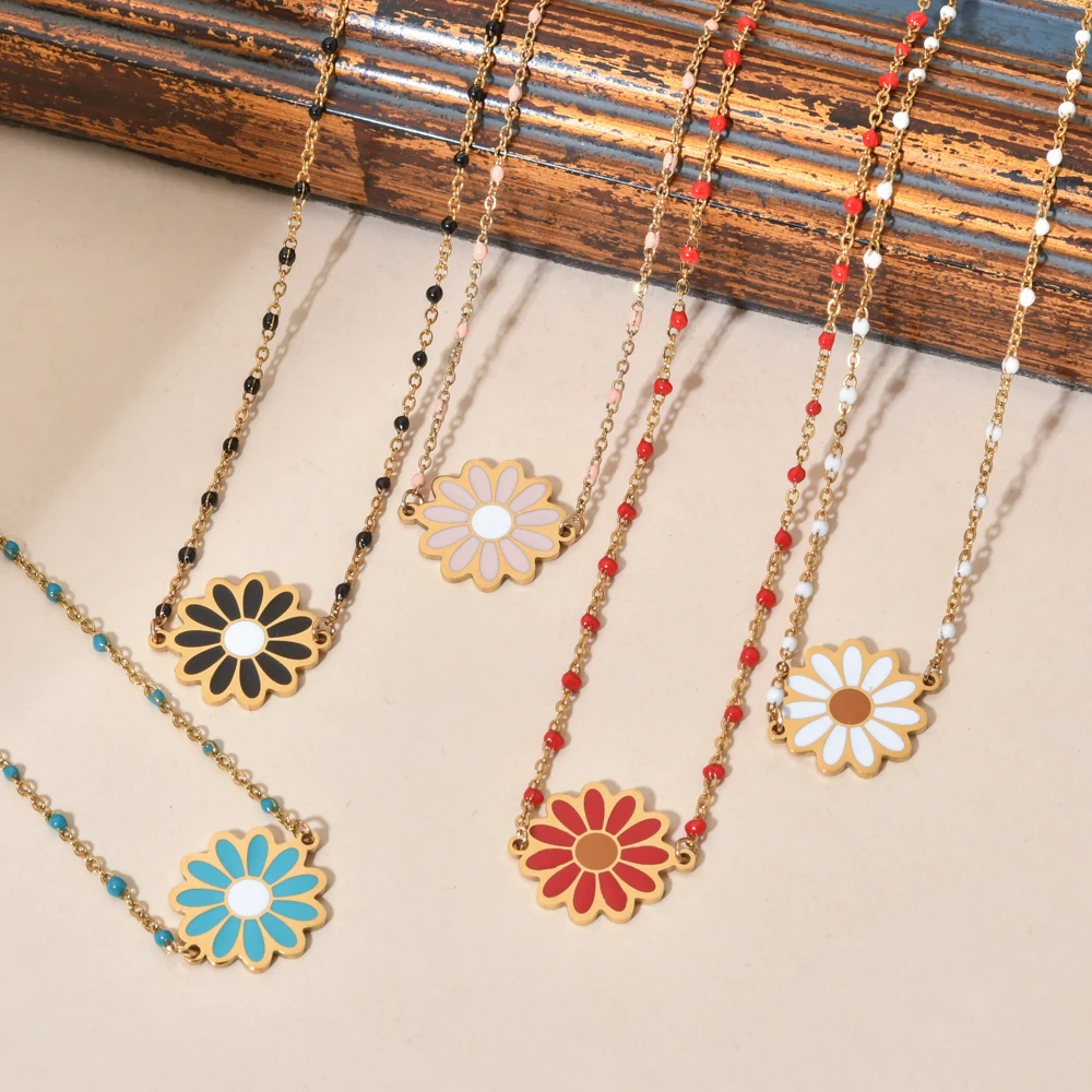 

Enamel Flower Pendant Necklaces Women Bohemian Daisy Colorful Beads Chain Charm Statement Collar Choker Necklace Female Jewelry
